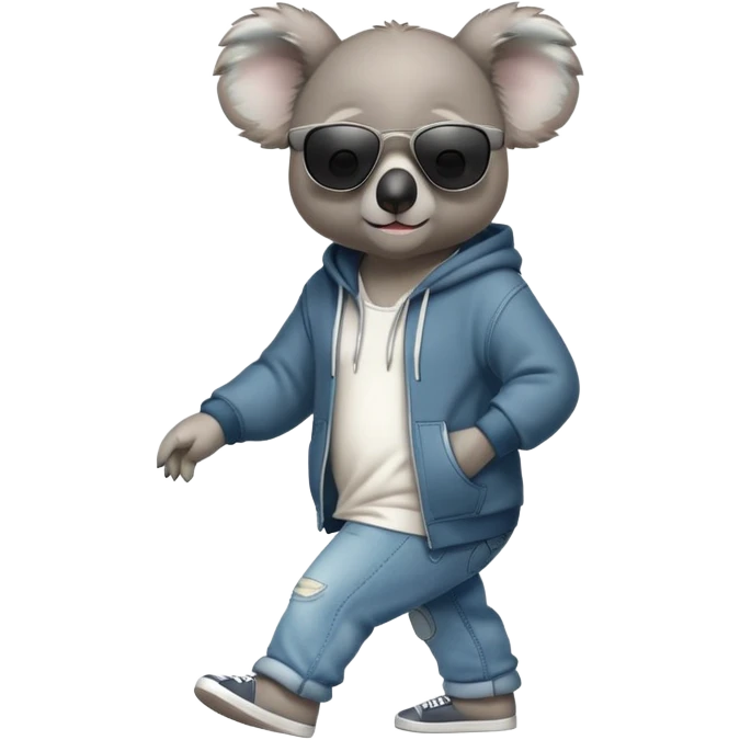 anthropomorphised koala full body wearing a hoodie and jeans dark sunglasses walking different pose emoji