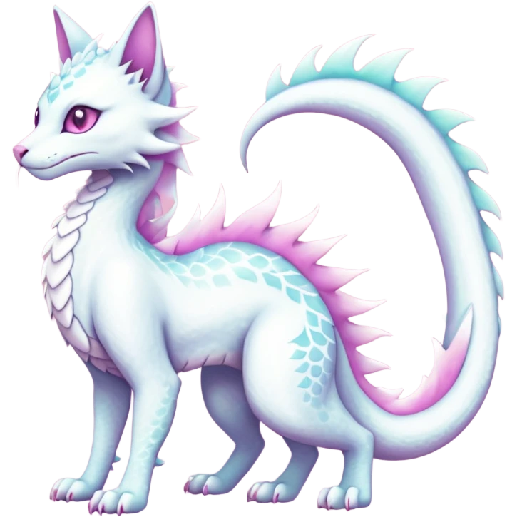Kawaii white pastel iridescent beautiful pretty elegant divine edgy fantasy feline-vernid-sergal-Haku-dragon-fursona animal creature with a tufted tail full body with intricate markings  emoji