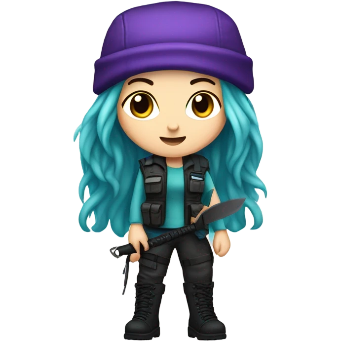 Girl, white skin, tactical vest, dark pants, long teal and purple hair, blue eyes, purple beanie hat, knife, black combat boots emoji