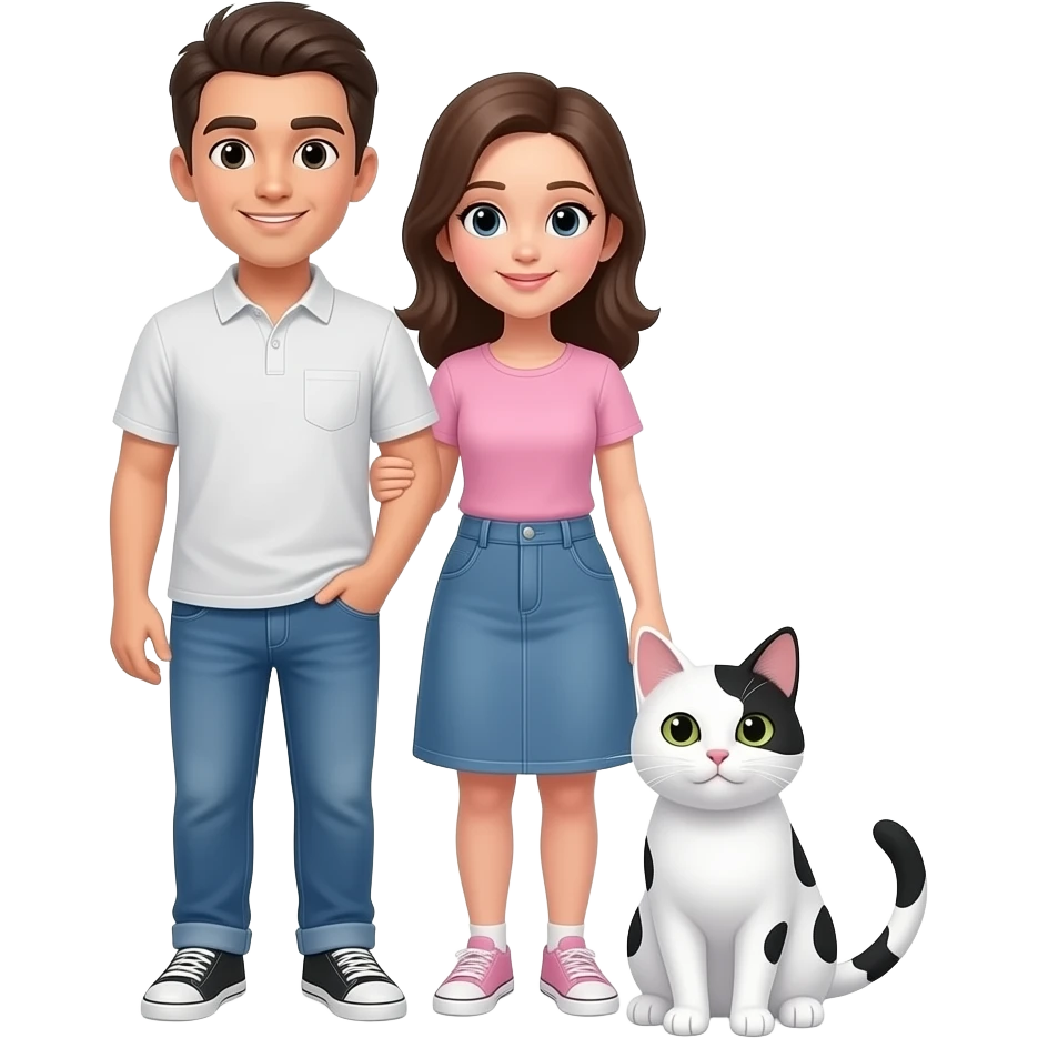 Faz um casal e um gato branco com pintinhas pretas emoji