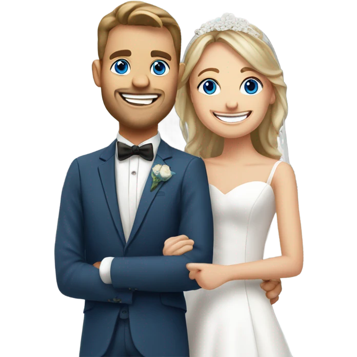 happy newlyweds in madrid smiling. Bride blue eyes emoji