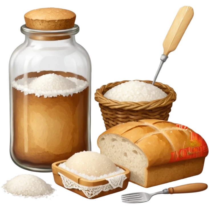 a one victorian bottle of salt and a loaf of bread - a bread bag, crochet needles and a ball of wool emoji