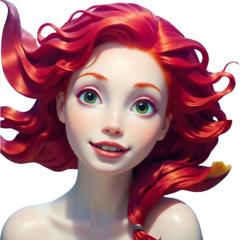 Cinematic Realistic Red Hair Mermaid Portrait, head tilted dramatically with an exaggeratedly amused expression, featuring a striking, vibrant form with meticulously detailed, flowing red hair and luminous porcelain skin. Her expressive eyes burst with playful marine mischief, rendered with dynamic underwater lighting and vibrant textures that convey an air of cheeky oceanic whimsy and over‐the‐top mermaid charm. emoji