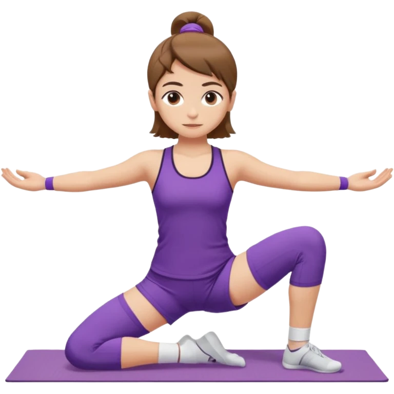 Девушка с короткими волосами до плеч русого цвета, с черными бровями, карие глаза, у неё фиолетовый спортивный костюм с топиком и шортами и белые носки, она занимается йогой в позе бибаласана emoji