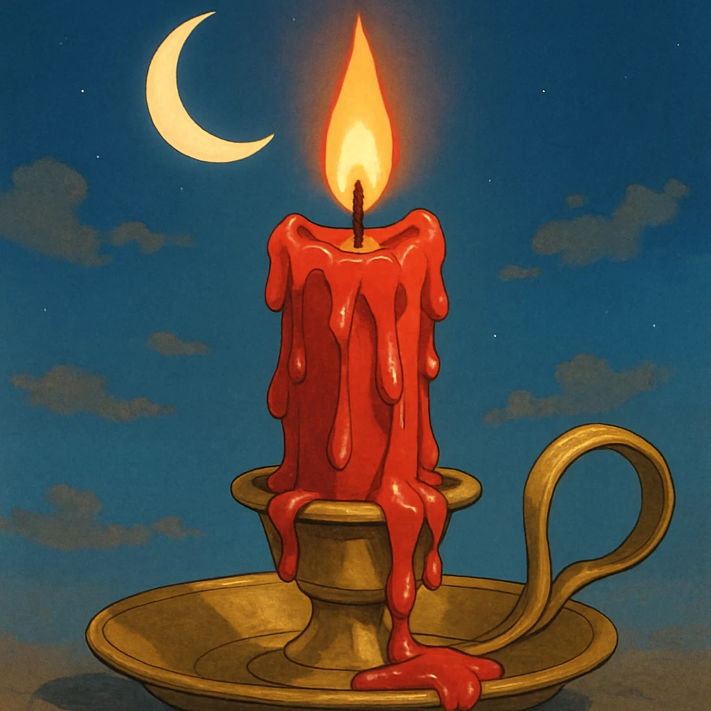 ghibli style dripping red candle in a gold holder with a crescent moon in the background emoji