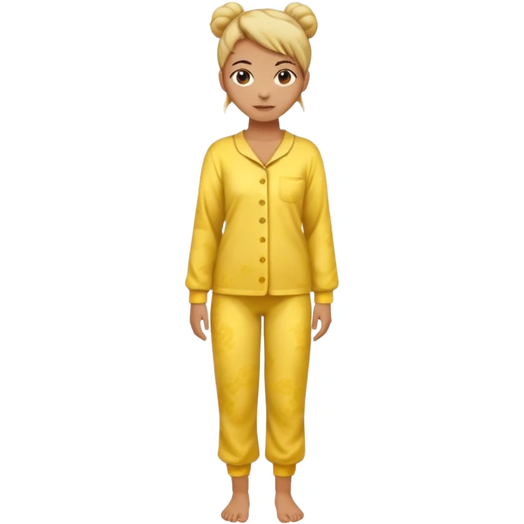 woman standing, wearing yellow pajamas, hair in a bun, full body, realistic, official Apple iPhone emoji style, less cartoonish emoji