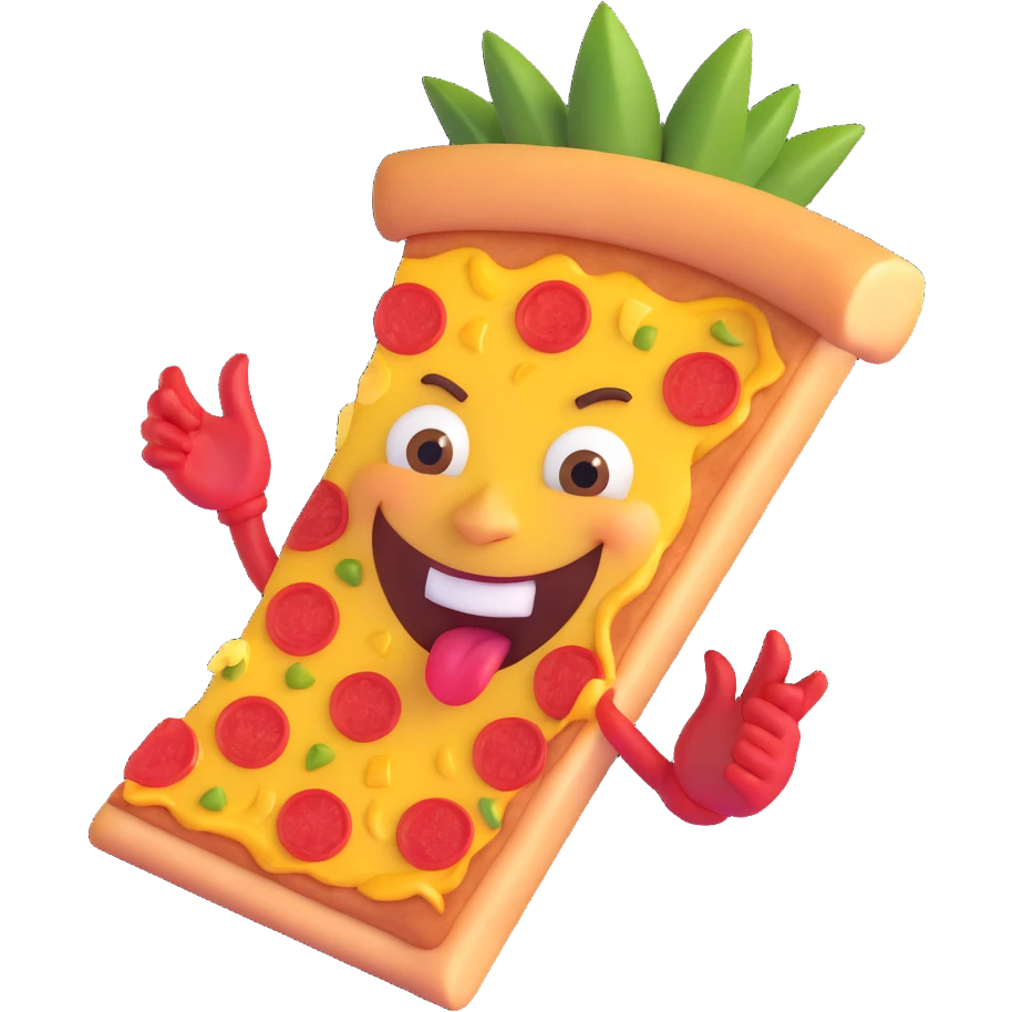 pizza slice topped with pineapple, devil horns, wicked grin emoji