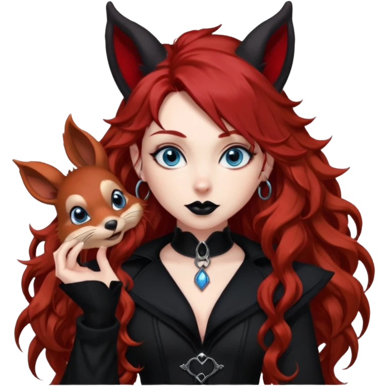  long curly red hair (darker), red pointed ears with black trim, black goth outfits, body and face human, blue eyes, more pointy chin, black lipstick, big fluffy red squirrel tail with black tips, like the attached photo with more outfits and poses,  emoji