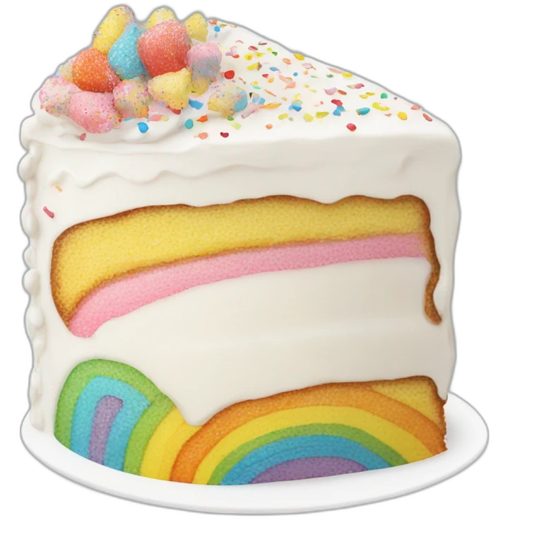 A slice of a white birthday cake with rainbows sprinkles  emoji