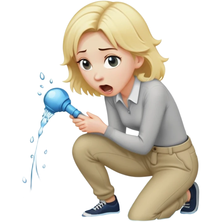 blond woman kneeling, shocked, playful cartoon stick with D-shaped knob and exaggerated features coming from trousers in front of her face, water jet into her mouth emoji