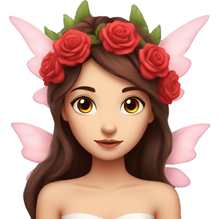 Beautiful, rose, fairy, red, flowers in hair, long dark brown hair, big wings, fair skin emoji