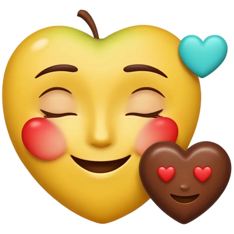 Apple-style emoji, happy closed eyes, gentle smile, yellow with gradient, flat cyan background, one red heart top right, two chocolate pieces replacing other hearts, glossy, rounded, realistic, clean, digital, smooth, Apple emoji style emoji