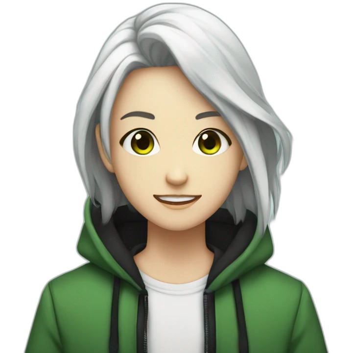 Joven estilo anime con capucha azul ojos verdes cabello cafe y pantalones negros zapatos blancos emoji