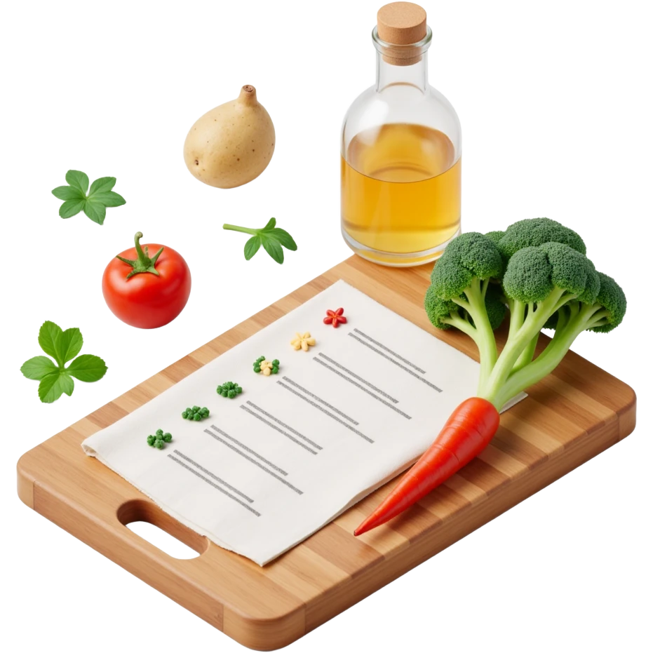 Floating Ingredients Around a List(without text) on the wooden cutting board emoji