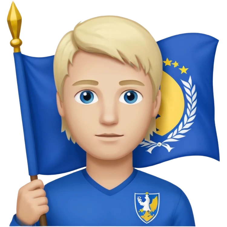 Create a man with bosnia flagg in his hand with blue eyes blond here emoji