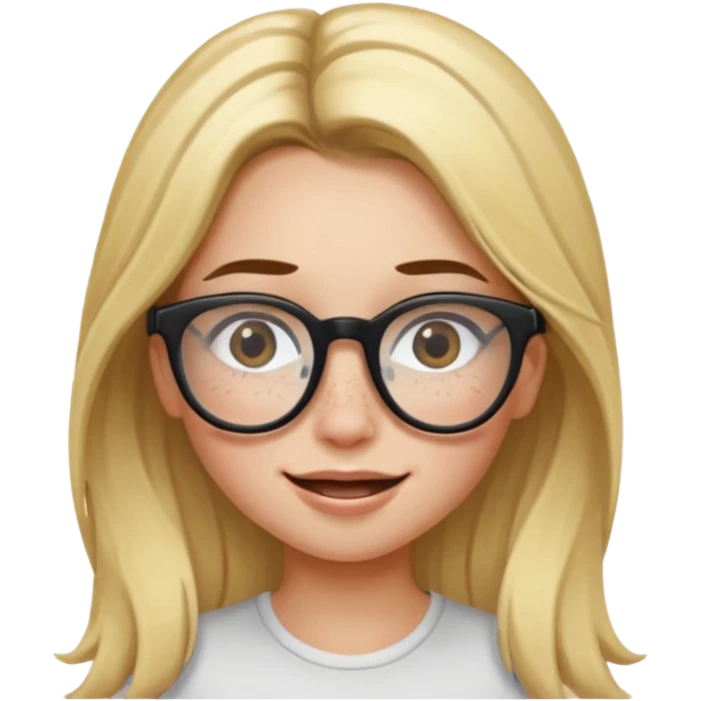 blonde girl with brown roots, long hair, freckles, black frame glasses, winking emoji