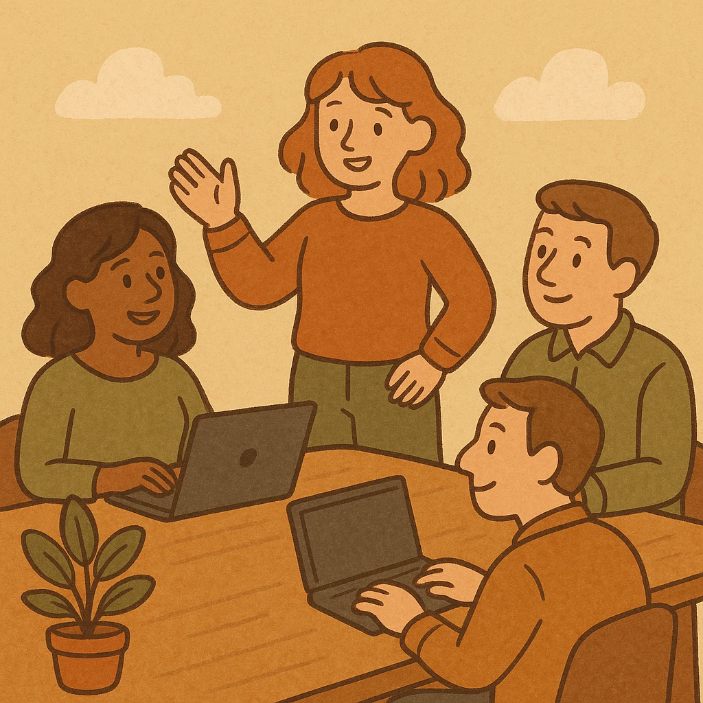 a friendly work team during a briefing, flat illustration, people with laptops, casual dress, warm tones emoji