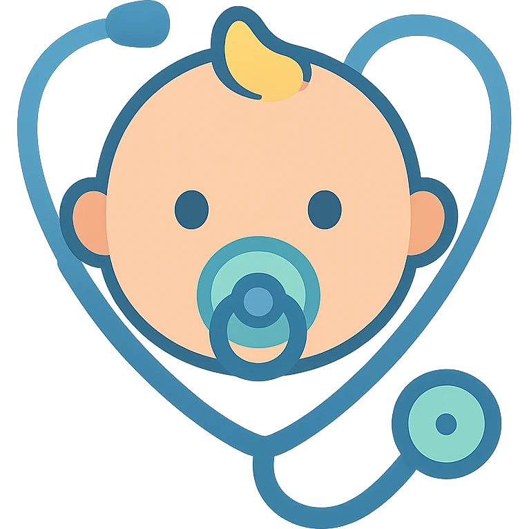 Vector illustration of a baby's face with a pacifier, featuring smooth, clean outlines, soft shadows, and subtle highlights. A stethoscope wraps around the baby, forming a heart shape. The design should be high-quality, professional, and suitable for printing. Include realistic light reflections and gentle gradients for depth. Transparent background. emoji