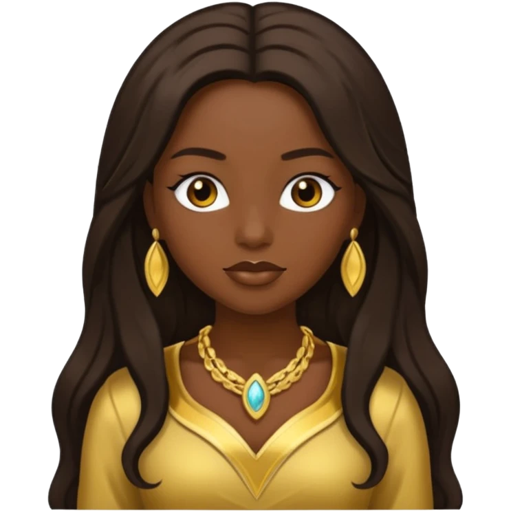 Bilquis from American Gods with dark skin, dark brown long hair, gold outfit emoji