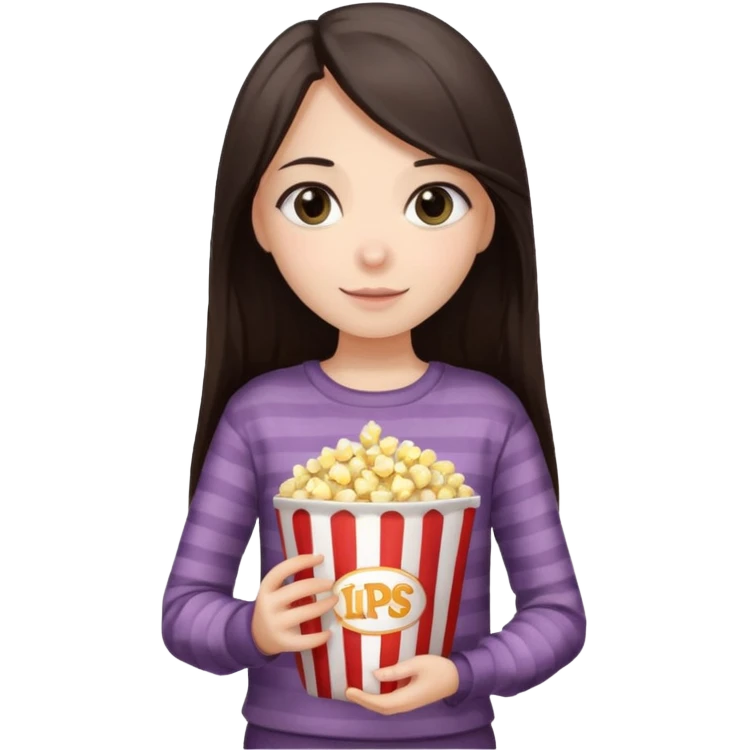 girl with dark brown straight long hair, striped light sweater, gray beautiful eyes, holding popcorn in her hands emoji