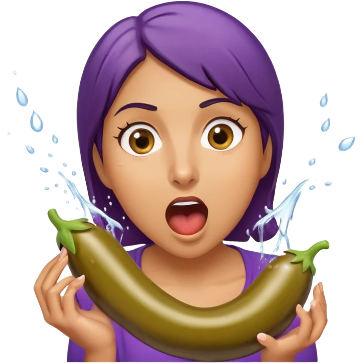 surprised woman eating an eggplant, eggplant squirting a stream of water, expressive face emoji