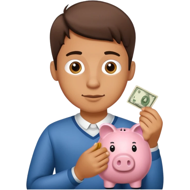 A young guy puts money in a piggy bank. emoji