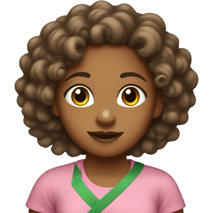 Brown girl with curly hair wearing a pink and green t-shirt with “1908” emoji