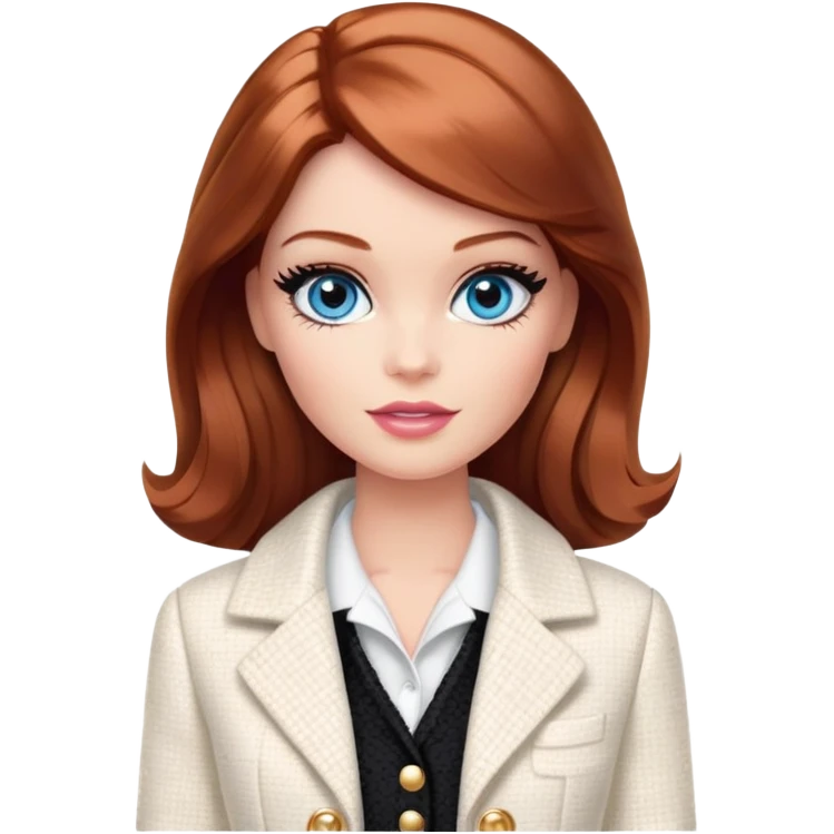 A Barbie girl with blue eyes, shoulder-length reddish-brown hair with makeup, wearing a white tweed jacket and a black skirt stands with chanel white color cream emoji