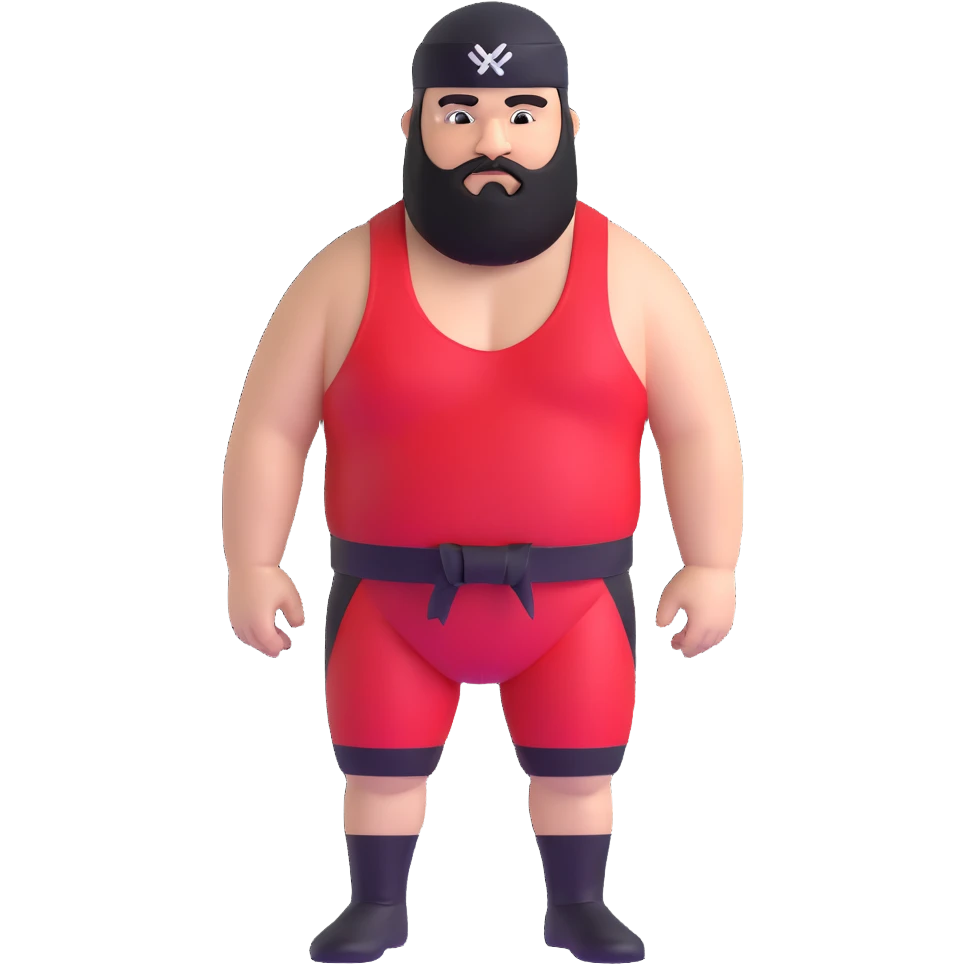 White skin fat guy with black durag, black beard, and black eyes in a red and black wrestling singlet emoji