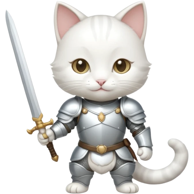 baby chibi white cat in silver armor, full body, smile, hold sword emoji