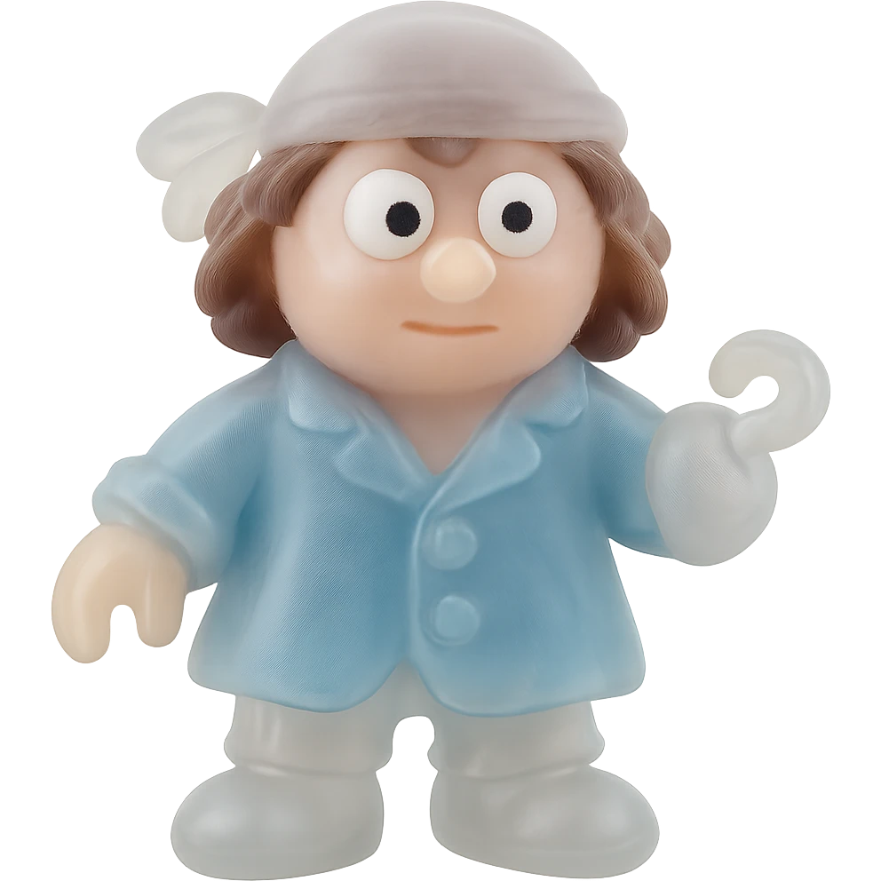 Make the pirate even more transparent and slightly see-through, keeping the natural skin tone, brown hair, blue coat, in a retro 90's toy style with derpy eyes, soft plastic texture, soft reflections, soft and squishy appearance, some cloudiness, not shiny, highly detailed and appealing. Remove any tags and background. emoji