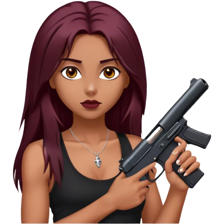 emoji of girl with black gun in hand with a black tank top gorgeous girl y2k with maroon dark long hair in a middle part with straight nose hazel eyes medium perfect eye brows with  a nose ring silver on the right nostril  emoji