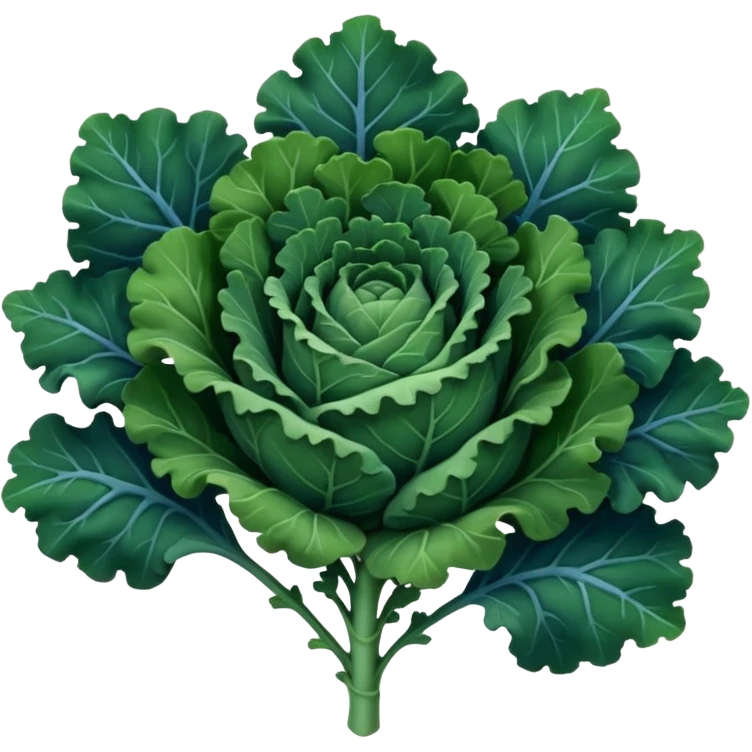 loose bunch of curly kale leaves, deep green to bluish-green tones, ruffled edges, prominent central stems, crisp slightly fibrous texture, matte finish, fresh, soft lighting, subtle shadows, emoji scale emoji