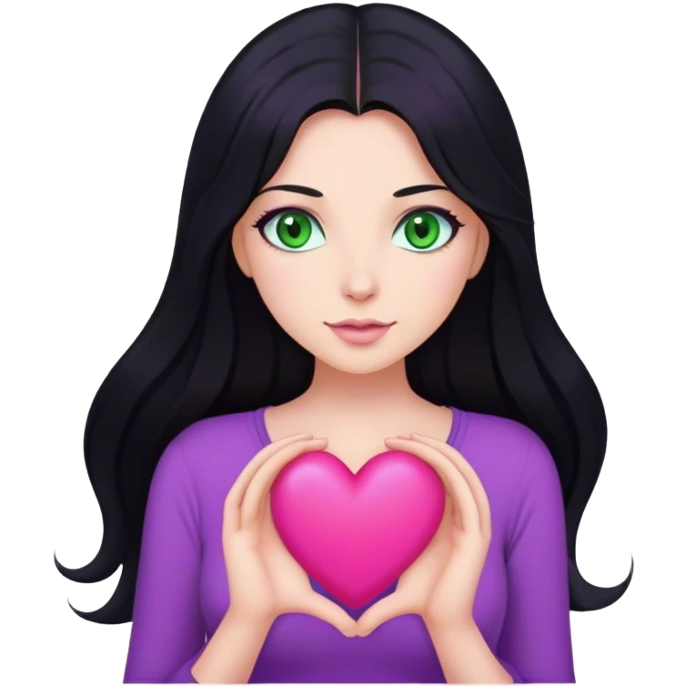 Woman with long black hair and green eyes with a purple top holding a pink heart  emoji