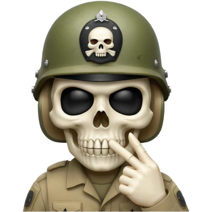 A bold emoji-style (bodyless) white skull wearing a realistic modern army helmet, making a shushing gesture (index finger bone held up to mouth area). Clean vector style,modern emoji aesthetic.The helmet has detailed realistic texture. emoji