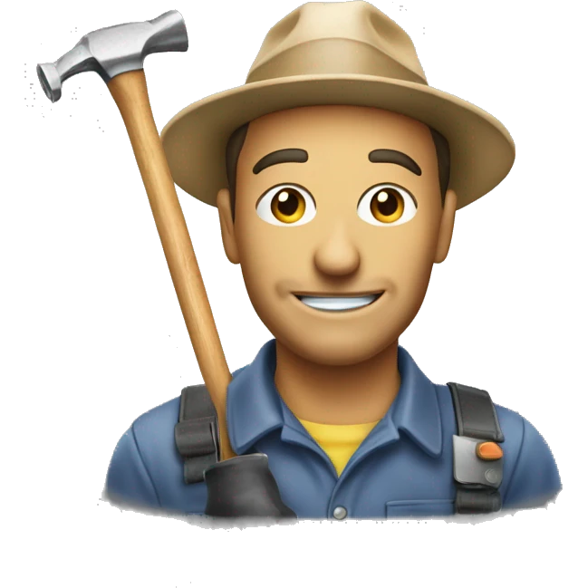 Photo of a man with a hat on fixing a car with a hammer emoji