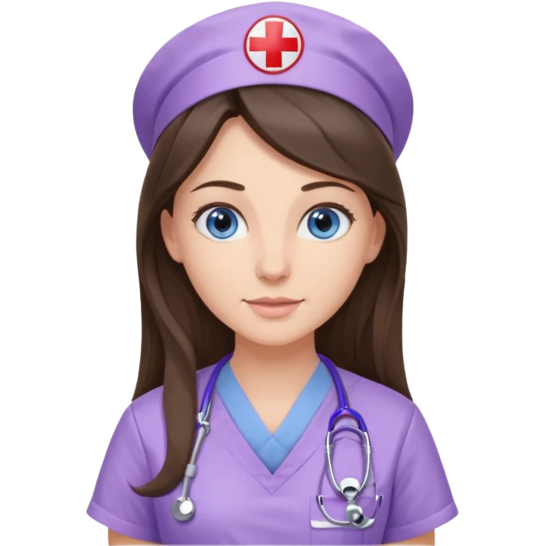 pretty brunette nurse with long hair and blue eyes in lilac scrubs emoji