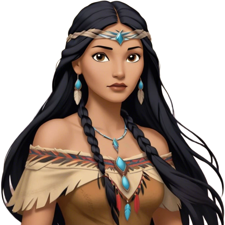 Cinematic Realistic Pocahontas Portrait, depicted with lifelike skin texture, soft natural lighting, and intricately detailed long, flowing raven-black hair that moves gracefully in the wind. Her deep, soulful dark brown eyes exude wisdom and strength, complemented by a serene yet powerful expression. She is dressed in her classic one-shoulder native american dress, with rich fabric textures and delicate beaded details that catch the light beautifully. The portrait features a soft, sun-kissed glow with a natural, radiant finish, capturing the essence of untamed beauty and deep connection to nature in a realistic and painterly style, evoking a sense of depth and authenticity. emoji