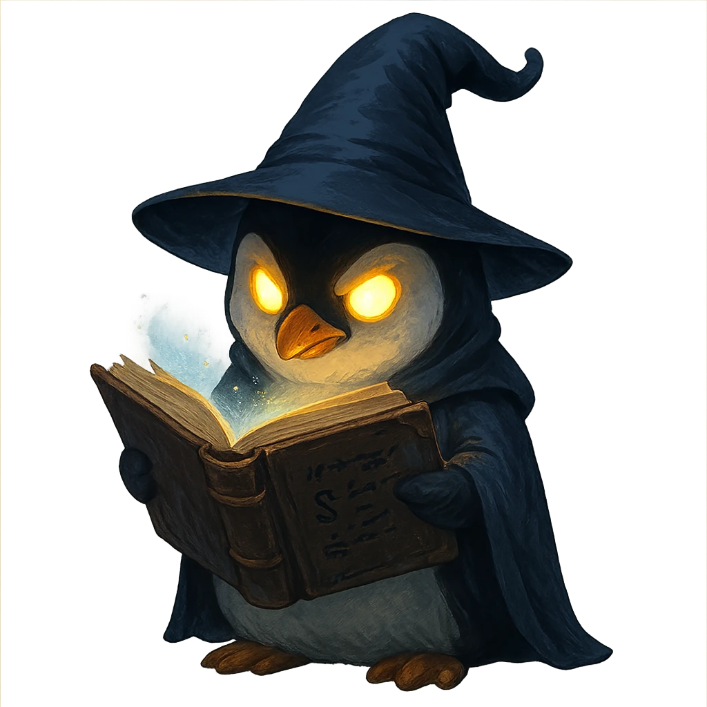 penguin wizard reading a spellbook with glowing eyes emoji