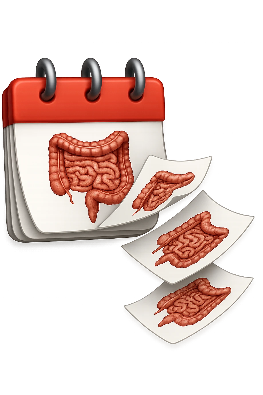 emoji stile iphone di un calendario con fogli che volano insieme, sui fogli ci sono disegnati degli intestini anatomici, iperrealistico 4k, isolato su sfondo bianco emoji