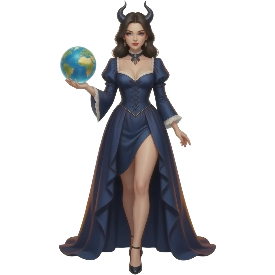 a seductive evil beautiful woman in a long dark blue Victorian dress with a deep neckline holds a glowing globe in her hand and steps out of a circle of fire emoji