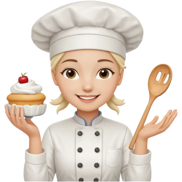 Young female baker - white chef hat, holding cream piping bags in both hands emoji
