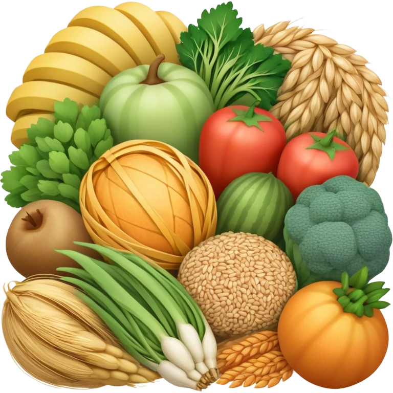 Close-up of a bundle of fiber strands intertwined with small vegetable, fruit, and grain icons, showing microscopic view of dietary fiber structure emoji