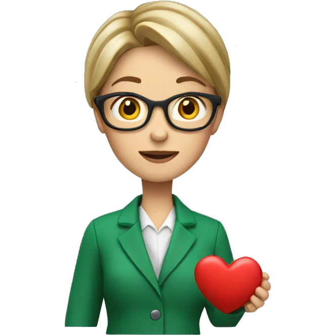 A European female teacher in a green jacket holds a heart in her hands emoji