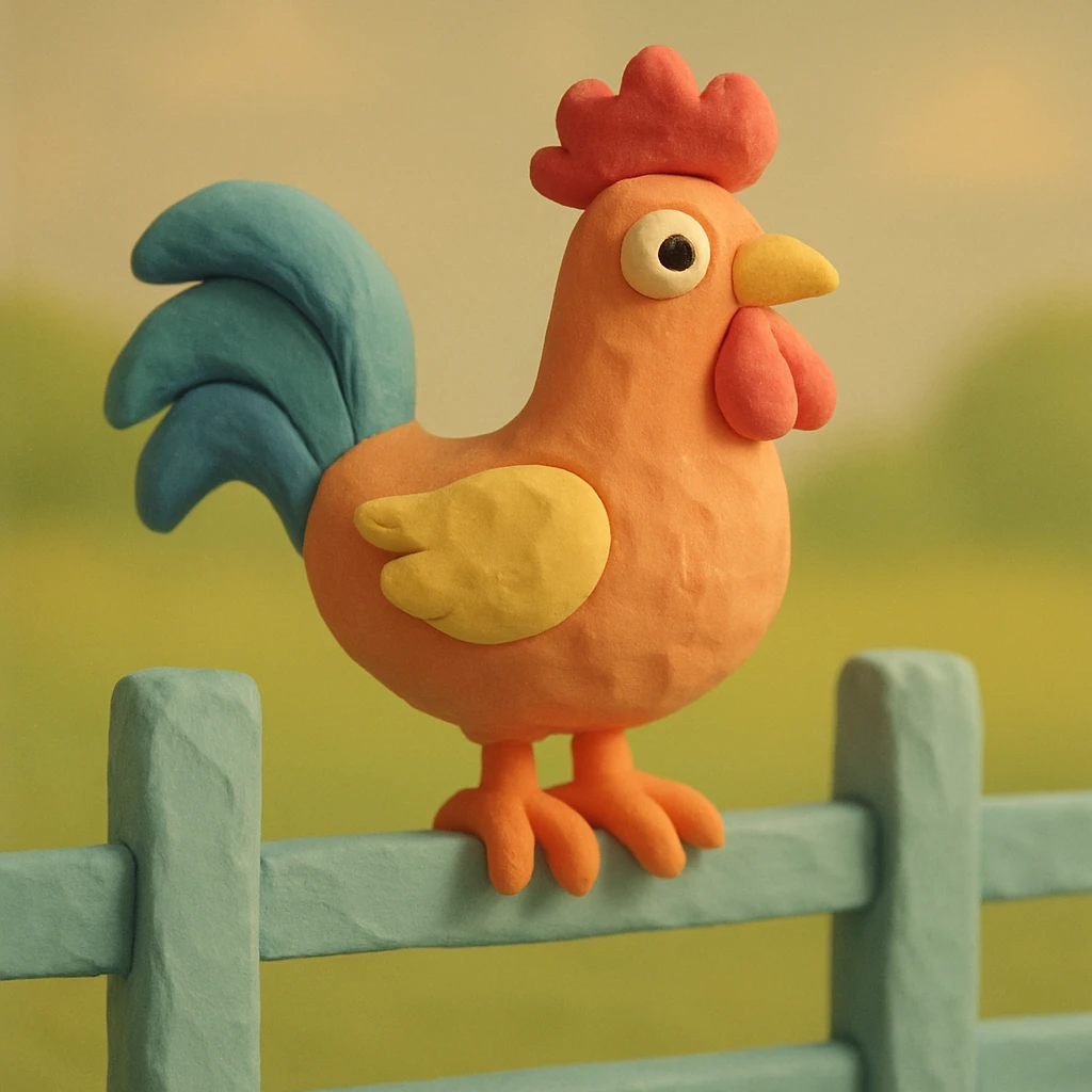 rooster standing on a fence, pastel colors, visible fingerprints, playful and textured in claymation style emoji