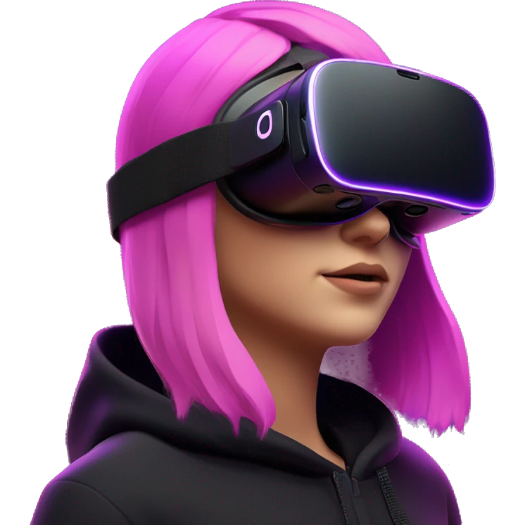 Russian girl wearing black hoody with violet letters "OMG", in vr headset oculus quest2. Dancing. Cyberpunk style. Violet neon. emoji