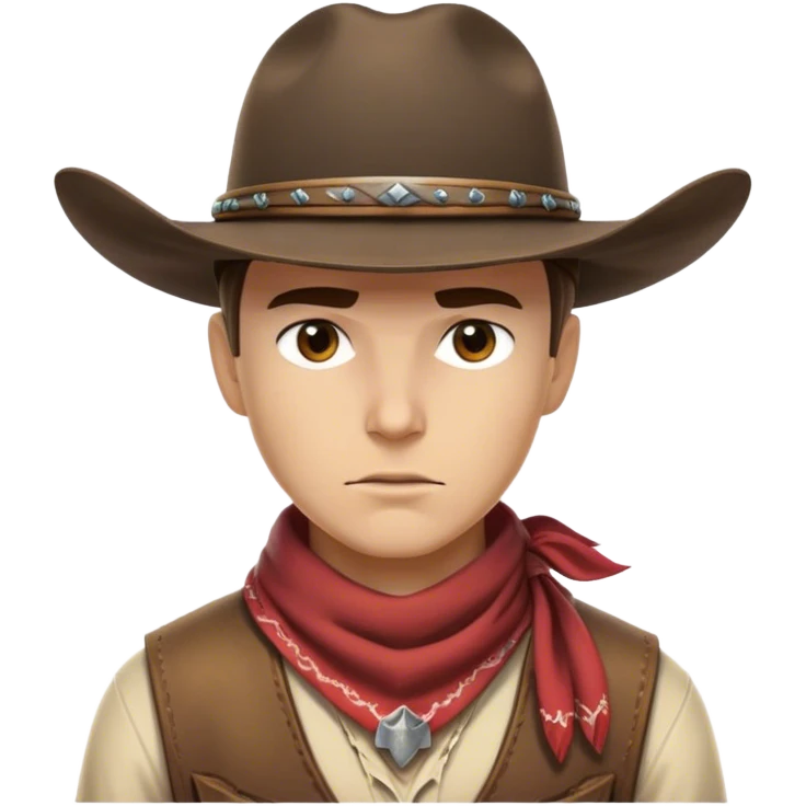 Clash of Clans aesthetic friendly Cowboy Portrait Emoji, With a rugged yet stylized build wearing a classic wide-brimmed hat and bandana, his face rendered in a natural skin tone (not yellow), determined eyes and a steely gaze, Simplified yet dynamic features, highly detailed, glowing with a warm, sunlit frontier radiance, high shine, brave and spirited, stylized with an air of Wild West heroism, focused and ready, soft glowing outline, capturing the essence of a fearless cowboy adventurer ready to ride into epic quests! emoji