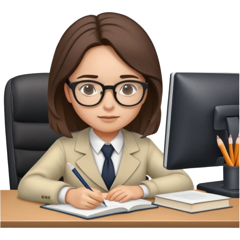 burnet girl wearing glasses studying hard on a desk wearing acadmic outfit emoji
