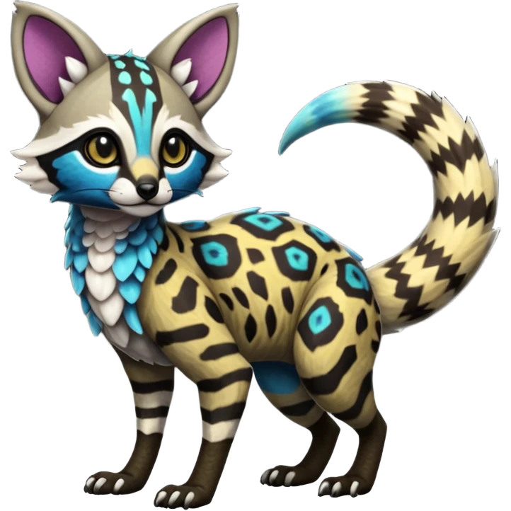 Rare realistic tropical exotic cute epic pretty beautiful handsome gorgeous aesthetic colorful vibrant Vernid-Protogen-Primagen-Wickerbeast-Genet-Trico-species-Fakemon-hybrid-creature by LiLaiRa, beautiful intricate markings, full body emoji