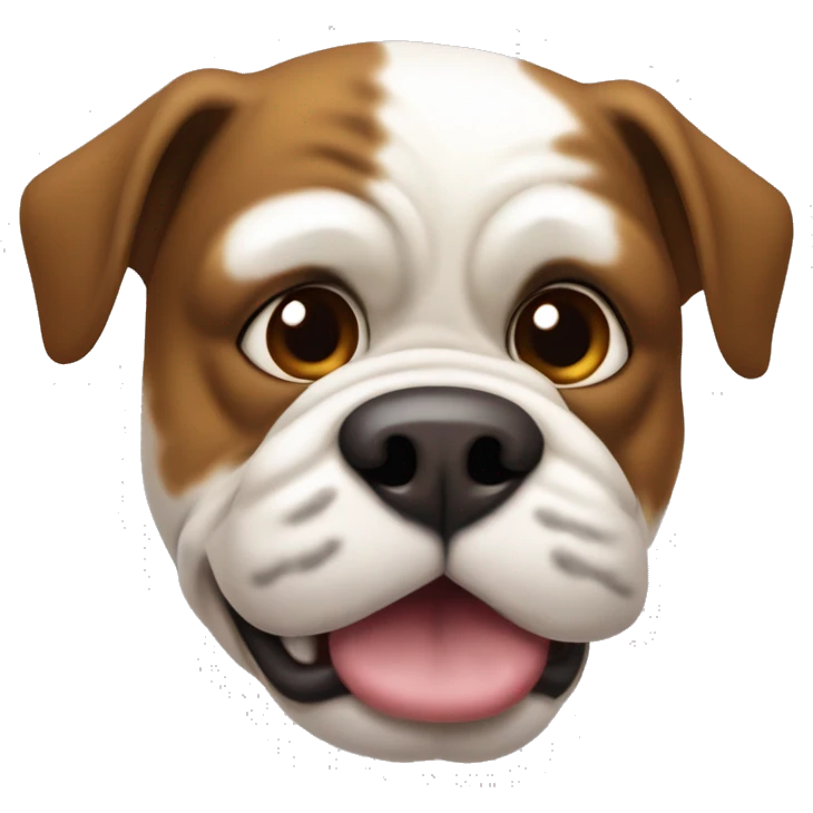 The image shows a cartoon-style dog head, resembling a bulldog. It has white fur with large brown patches, especially on the right side of the head and the ears. The dog has big, expressive brown eyes, a black nose, and a slightly protruding tongue.  emoji